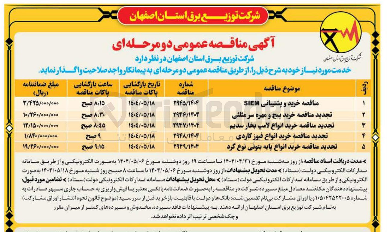 تصویر کوچک آگهی تجدید مناقصه خرید انواع فیوز کاردی مع 
