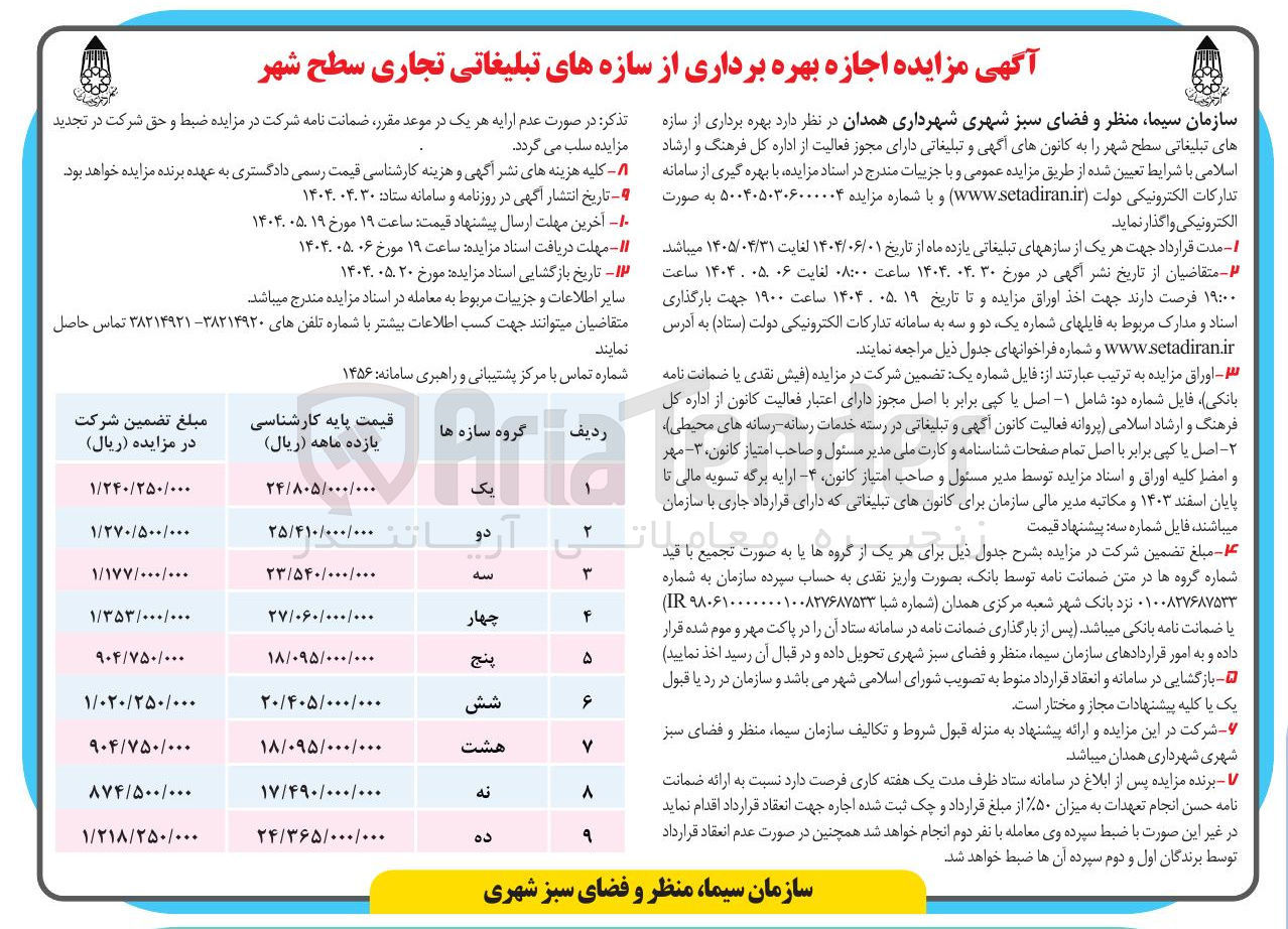 تصویر کوچک آگهی اجازه بهره برداری از سازه های تبلیغاتی تجاری در ۹ ردیف 