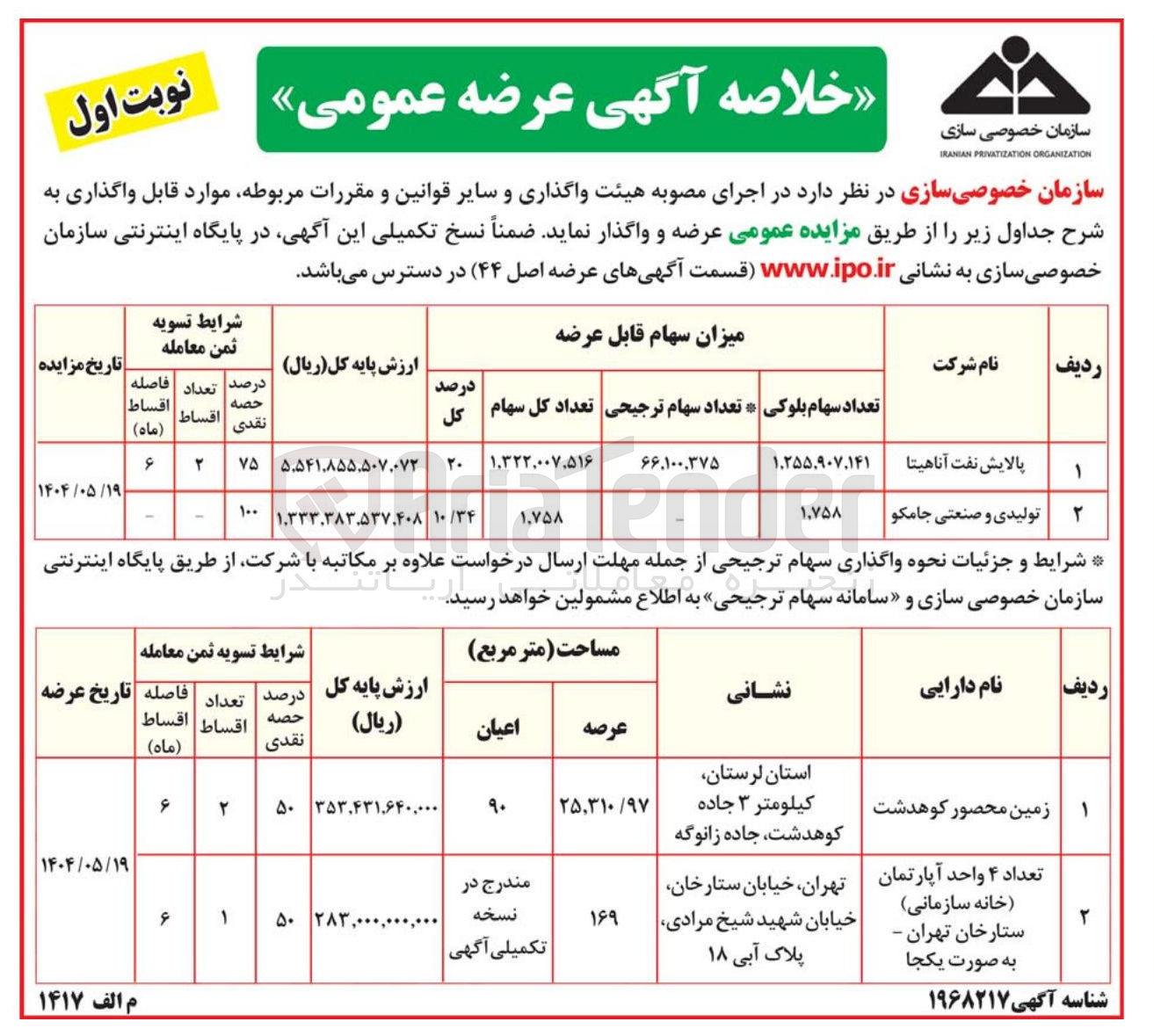 تصویر کوچک آگهی واگذاری سهام شرکت پالایش نفت آناهیتا و تولیدی و صنعتی جامکو - فروش زمین محصور و تعداد 4 واحد آپارتمان (خانه سازمانی)