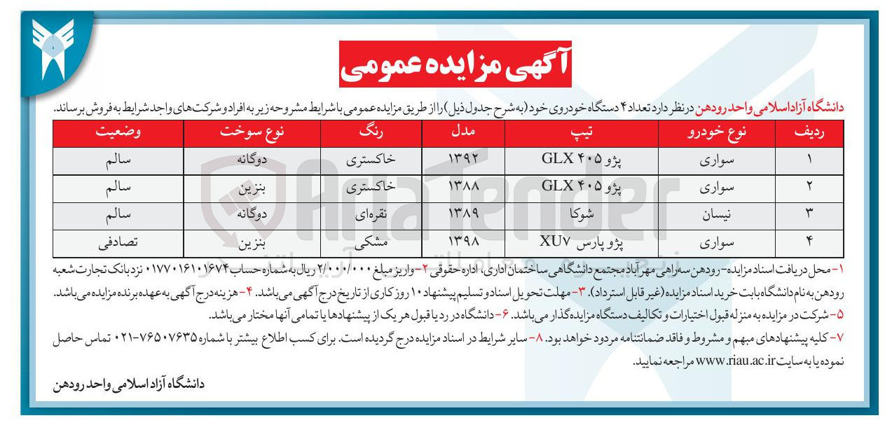تصویر کوچک آگهی فروش  تعداد ۴ دستگاه خودروی خود (پژو 405 glx - شوکا - پژو پارس XU7)