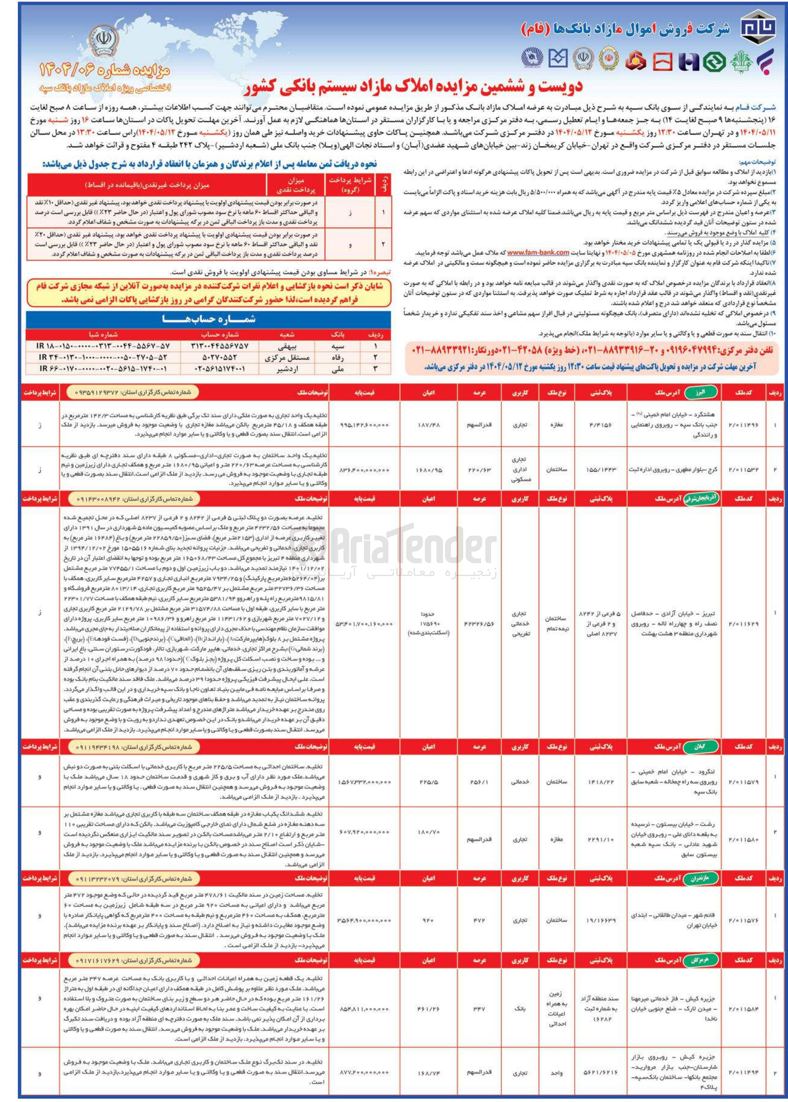 تصویر کوچک آگهی فروش املاک در ۸ ردیف در استان های البرز ، آذربایجان شرقی، گیلان، مازندران، هرمزگان با کاربری تجاری، بانک، خدماتی، تفریحی، اداری، مسکونی