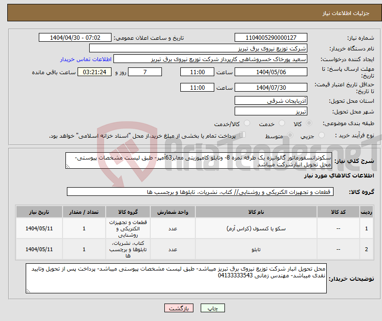 تصویر کوچک آگهی نیاز انتخاب تامین کننده-سکوترانسفورماتور گالوانیزه یک طرفه نمره 8- وتابلو کامپوزیتی معابر63آمپر- طبق لیست مشخصات پیوستی- محل تحویل انبارشرکت میباشد