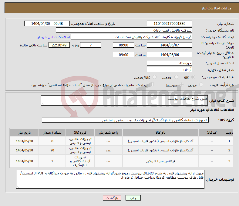 تصویر کوچک آگهی نیاز انتخاب تامین کننده-طبق شرح تقاضای پیوست