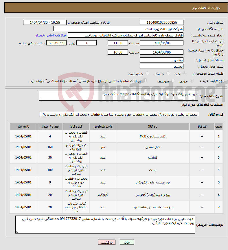 تصویر کوچک آگهی نیاز انتخاب تامین کننده-خرید تجهیزات جهت واگذاری برق به ایستگاهای mc-pc-کنگان-جم