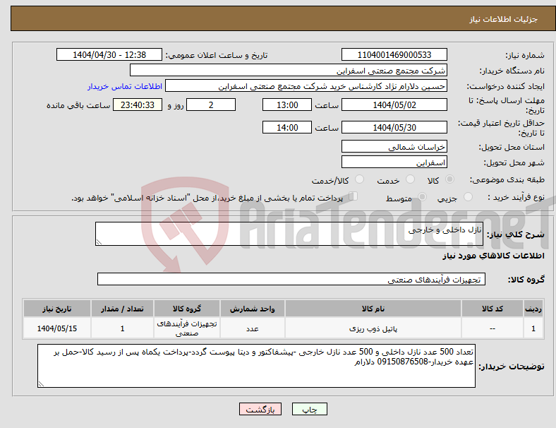 تصویر کوچک آگهی نیاز انتخاب تامین کننده-نازل داخلی و خارجی