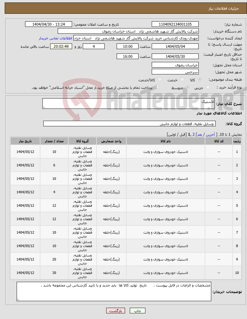 تصویر کوچک آگهی نیاز انتخاب تامین کننده-لاستیک 