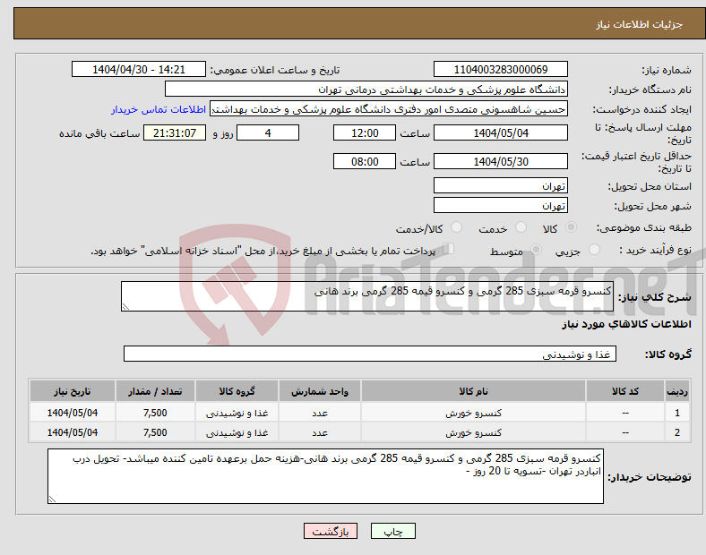 تصویر کوچک آگهی نیاز انتخاب تامین کننده-کنسرو قرمه سبزی 285 گرمی و کنسرو قیمه 285 گرمی برند هانی