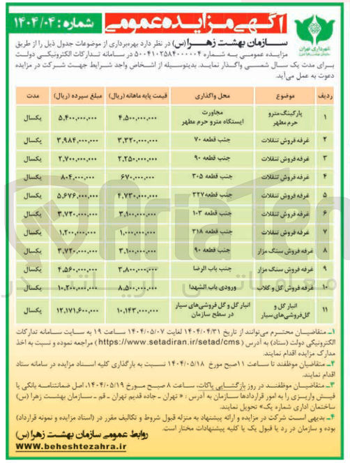 تصویر کوچک آگهی بهره برداری از پارکینگ - غرفه فروش تنقلات - غرفه فروش سنگ مزار - غرفه فروش گل و گلاب - انبار گل و گل فروشی های سیار 