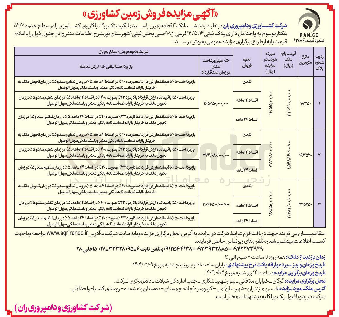 تصویر کوچک آگهی فروش ششدانگ ۳ قطعه زمین با سند مالکیت تک برگ با کاربری کشاورزی را در سطح حدود ۵۲/۷ هکتار موسوم به واحد آمل دارای پلاک ثبتی ۱۶ ، ۱۵ ، ۱۴ فرعی از ۱۸ اصلی