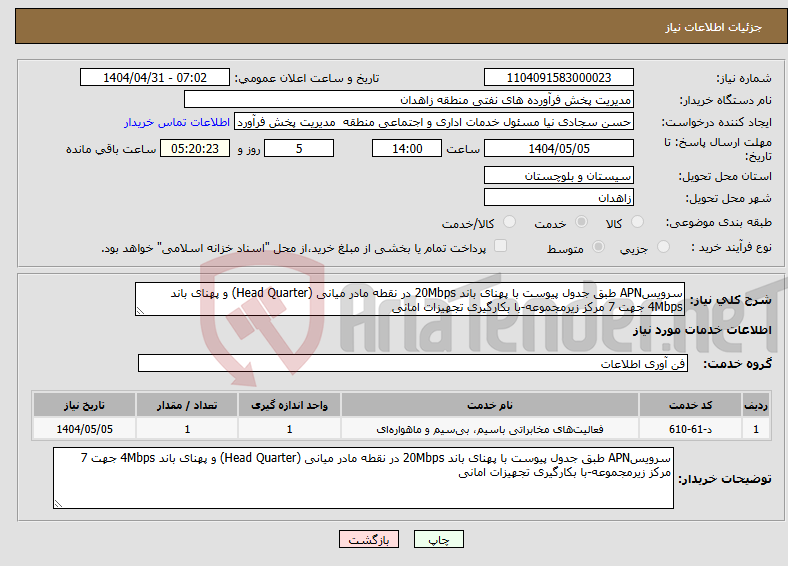 تصویر کوچک آگهی نیاز انتخاب تامین کننده-سرویسAPN طبق جدول پیوست با پهنای باند 20Mbps در نقطه مادر میانی (Head Quarter) و پهنای باند 4Mbps جهت 7 مرکز زیرمجموعه-با بکارگیری تجهیزات امانی