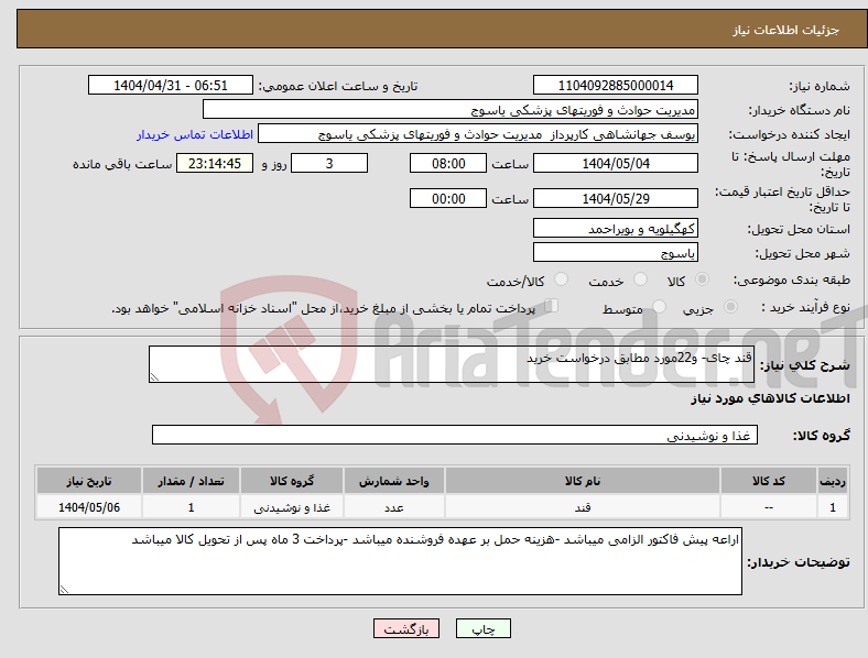 تصویر کوچک آگهی نیاز انتخاب تامین کننده-قند چای- و22مورد مطابق درخواست خرید