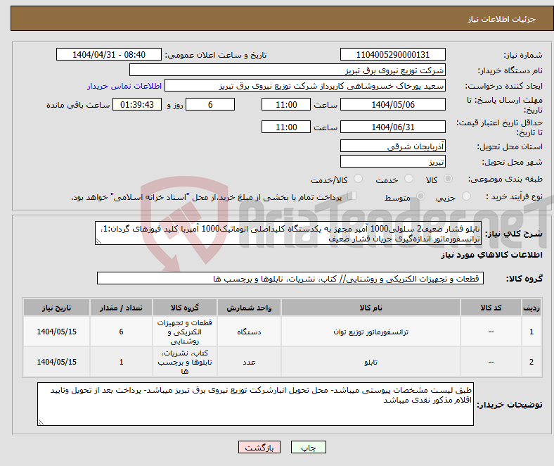 تصویر کوچک آگهی نیاز انتخاب تامین کننده-تابلو فشار ضعیف2 سلولی1000 آمپر مجهز به یکدستگاه کلیداصلی اتوماتیک1000 آمپربا کلید فیوزهای گردان:1، ترانسفورماتور اندازه‌گیری جریان فشار ضعیف