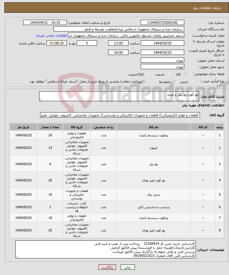 تصویر کوچک آگهی نیاز انتخاب تامین کننده-پچ کورد پچ پنل و غیره