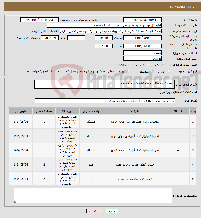 تصویر کوچک آگهی نیاز انتخاب تامین کننده-خریداری تجهیزات جهت هنرستان های نهاوند