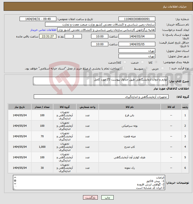 تصویر کوچک آگهی نیاز انتخاب تامین کننده-لوازم و ادوات آزمایشگاهی طبق جداول پیوست 73 مورد کامل