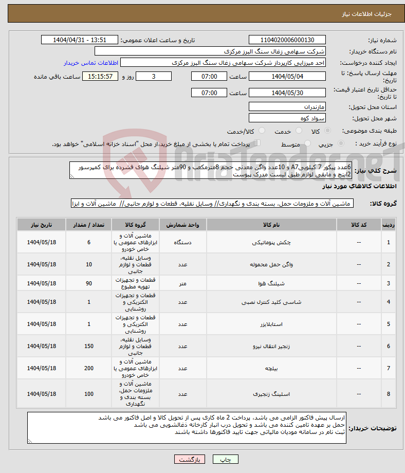 تصویر کوچک آگهی نیاز انتخاب تامین کننده-6عدد پیکور 7 کیلوییA7 و 10عدد واگن معدنی حجم 8مترمکعب و 90متر شیلنگ هوای فشرده برای کمپرسور 2اینچ و مابقی لوازم طبق لیست مدرک پیوست