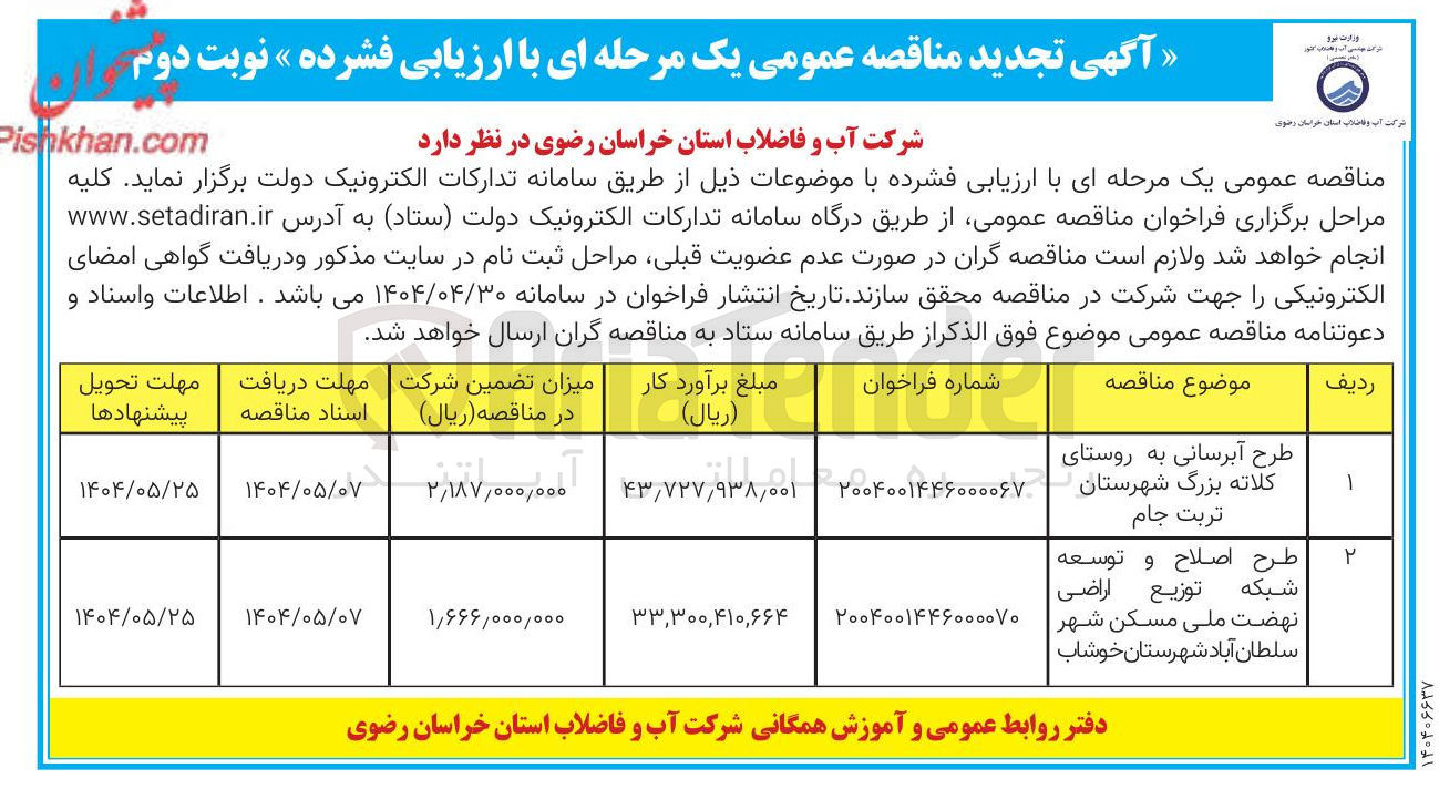 تصویر کوچک آگهی طرح اصلاح و توسعه شبکه توزیع اراضی