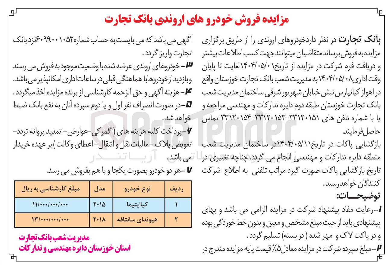 تصویر کوچک آگهی فروش خودروهای اروندی (کیا اپتیما، هیوندای سانتافه) 
