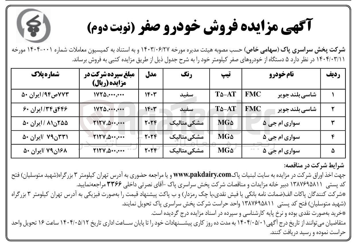 تصویر کوچک آگهی مزایده فروش خودرو صفر