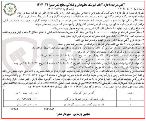 تصویر کوچک آگهی اجاره ۲ باب کیوسک مطبوعاتی و تنقلاتی