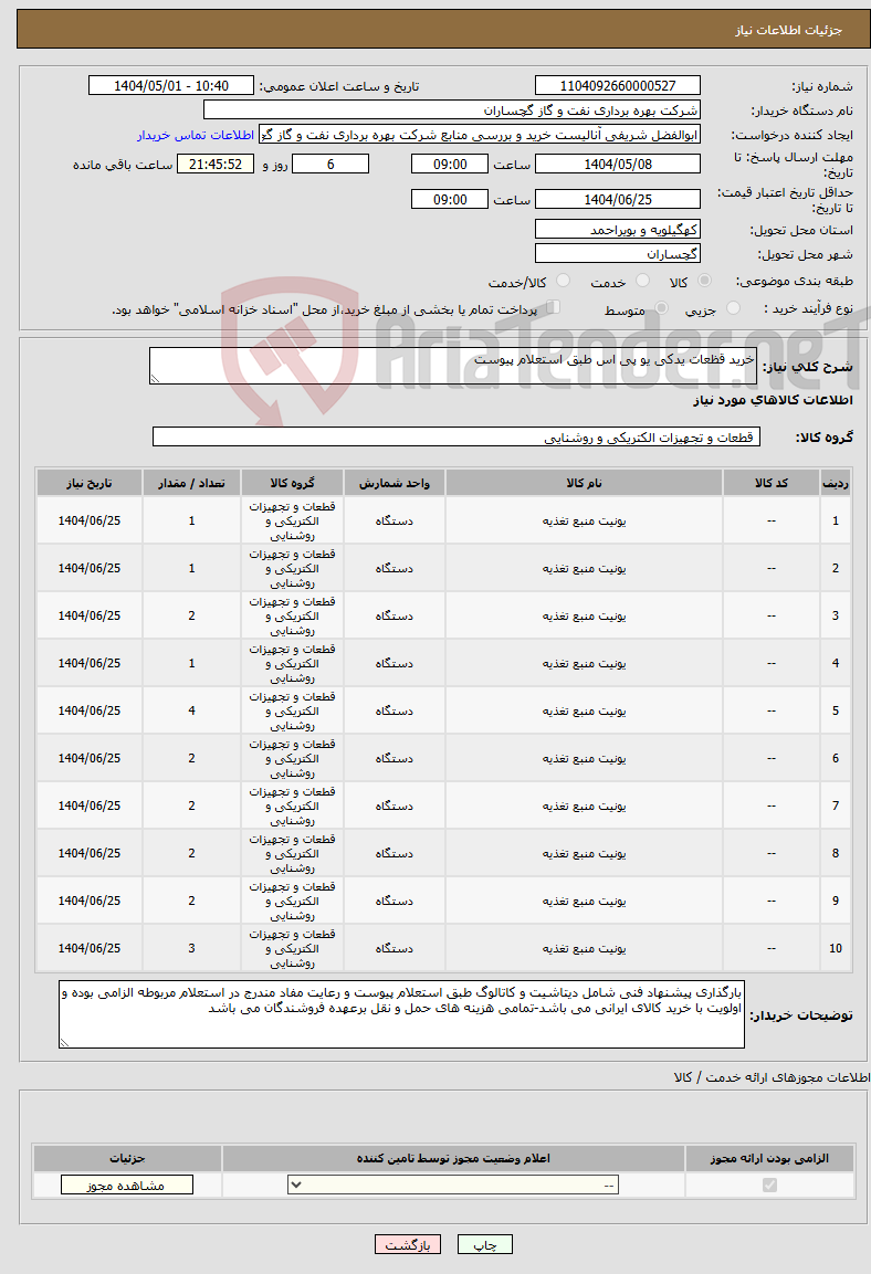 تصویر کوچک آگهی نیاز انتخاب تامین کننده-خرید قظعات یدکی یو پی اس طبق استعلام پیوست