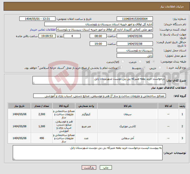 تصویر کوچک آگهی نیاز انتخاب تامین کننده-درخواست خرید بقعه متبرکه بی بی دوست شهرستان زابل