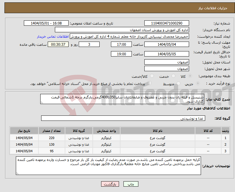 تصویر کوچک آگهی نیاز انتخاب تامین کننده-شنیسل و فیله ران بدون چربی و غضروف و ضایعات.ران سایز350تا400گرمی.بارگرم درجه 1شمالی قیمت گذاری شود.