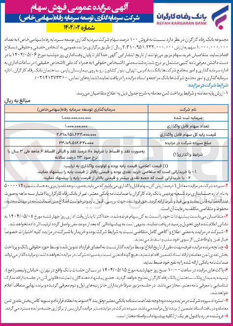 تصویر کوچک آگهی فروش ۱۰۰ درصد سهام شرکت سرمایه گذاری توسعه سرمایه رفاه ( سهامی خاص ) به تعداد 1.000.000.000 سهم