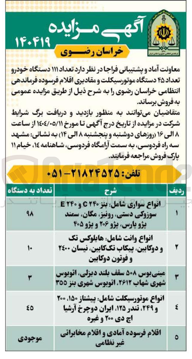 تصویر کوچک آگهی اقلام فرسوده آمادی و اقلام مخابراتی غیر نظامی 
