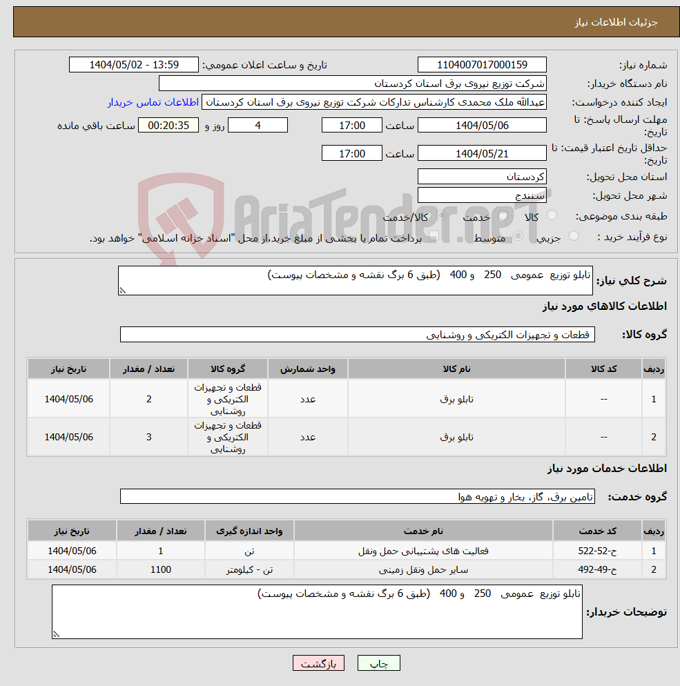 تصویر کوچک آگهی نیاز انتخاب تامین کننده-تابلو توزیع عمومی 250 و 400 (طبق 6 برگ نقشه و مشخصات پیوست) 