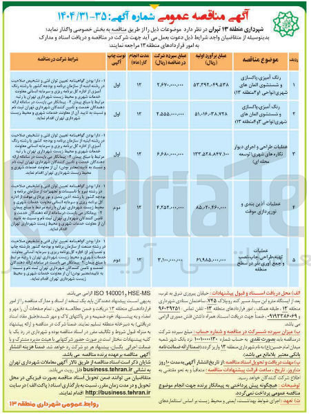 تصویر کوچک آگهی عملیات طراحی و اجرای دیوار نگاره های شهری (توسعه محله ای)