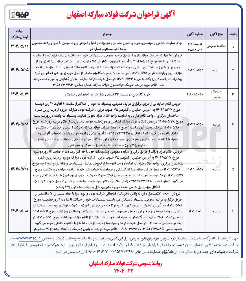 تصویر کوچک آگهی انجام عملیات طراحی و مهندسی خرید و تامین مصالح و تجهیزات و اجرا و آموزش پروژه سیلوی ذخیره ریزدانه محصول واحد احیا مستقیم