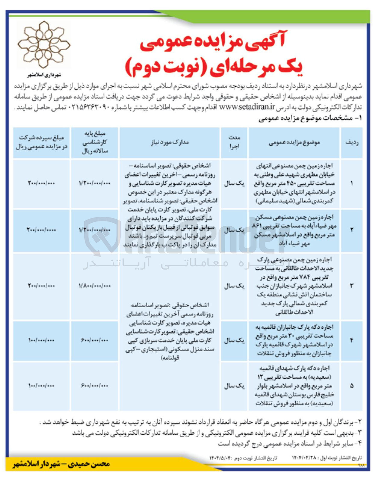 تصویر کوچک آگهی اجاره زمین چمن مصنوعی به مساحت تقریبی ۴۵۰ متر مربع - اجاره زمین چمن مصنوعی به مساحت تقریبی ۸۶۱ متر مربع - اجاره زمین چمن مصنوعی به مساحت تقریبی ۷۸۴ متر مربع - 
اجاره دکه پارک جانبازان قائمیه به مساحت تقریبی ۳۰ متر مربع - 
اجاره دکه پارک شهدای قائمیه ( سعیدیه ) به مساحت تقریبی ۱۲ متر مربع 