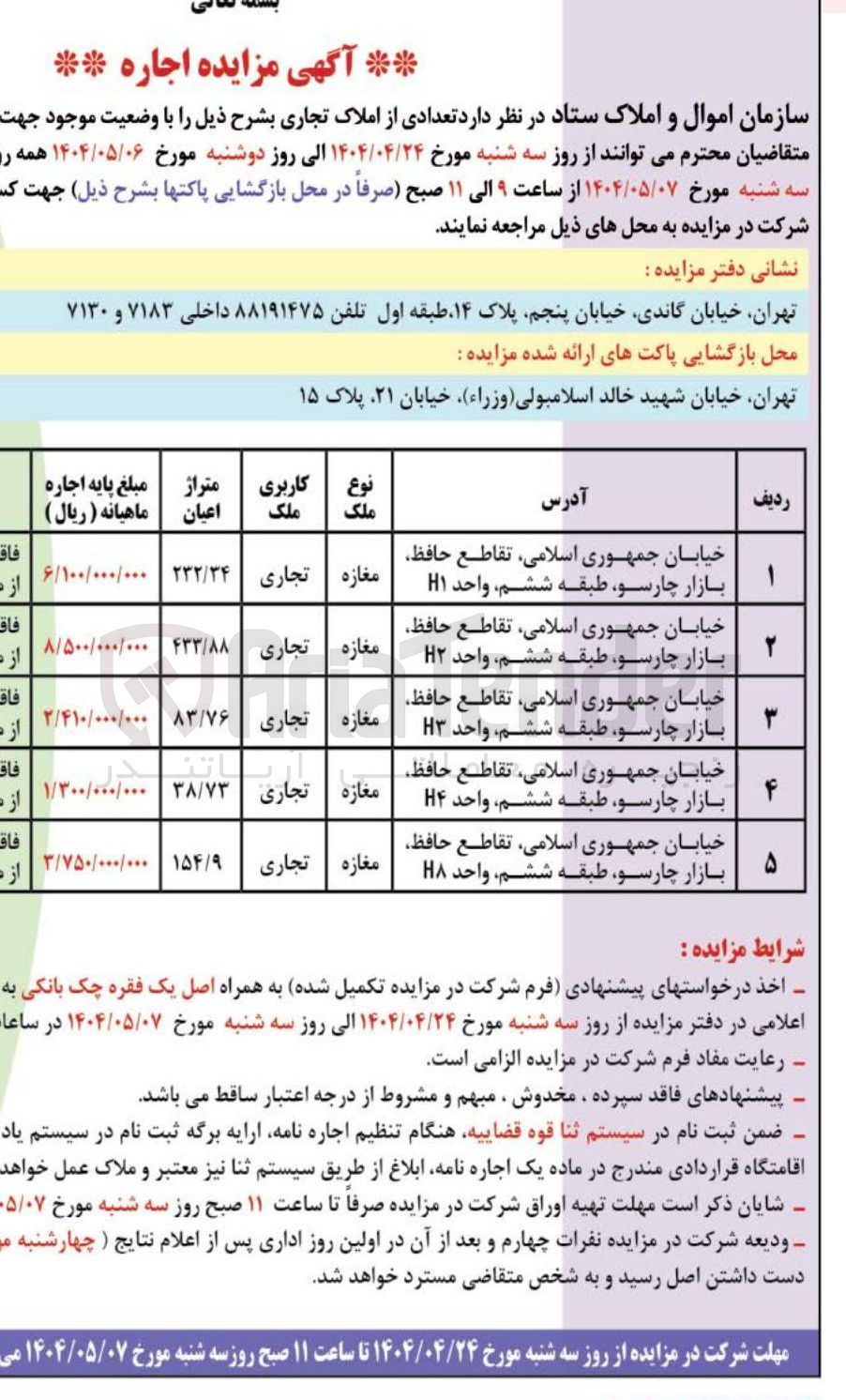 تصویر کوچک آگهی فروش تعدادی از املاک تجاری در 5 ردیف 