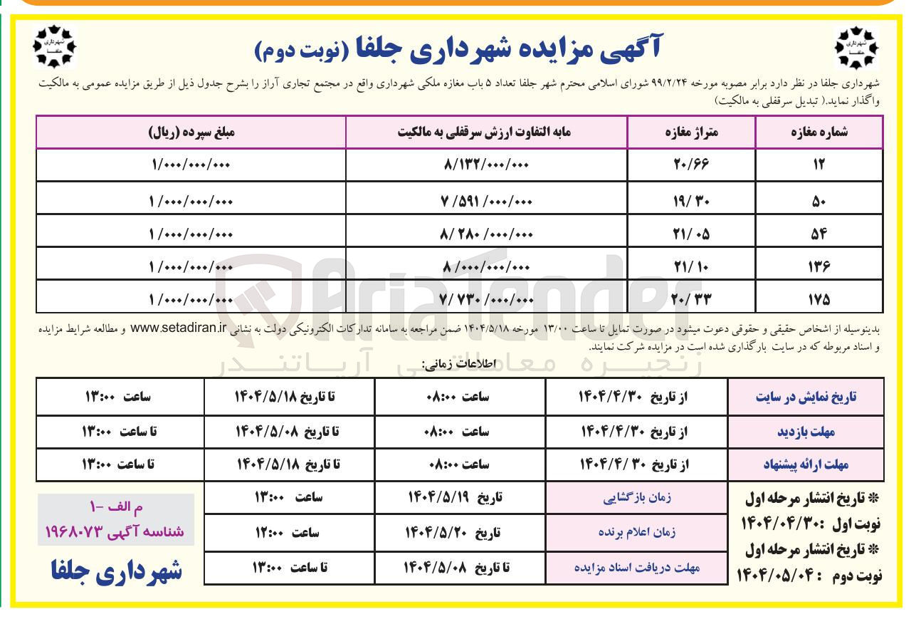 تصویر کوچک آگهی فروش تعداد ۵ باب مغازه ملکی شهرداری