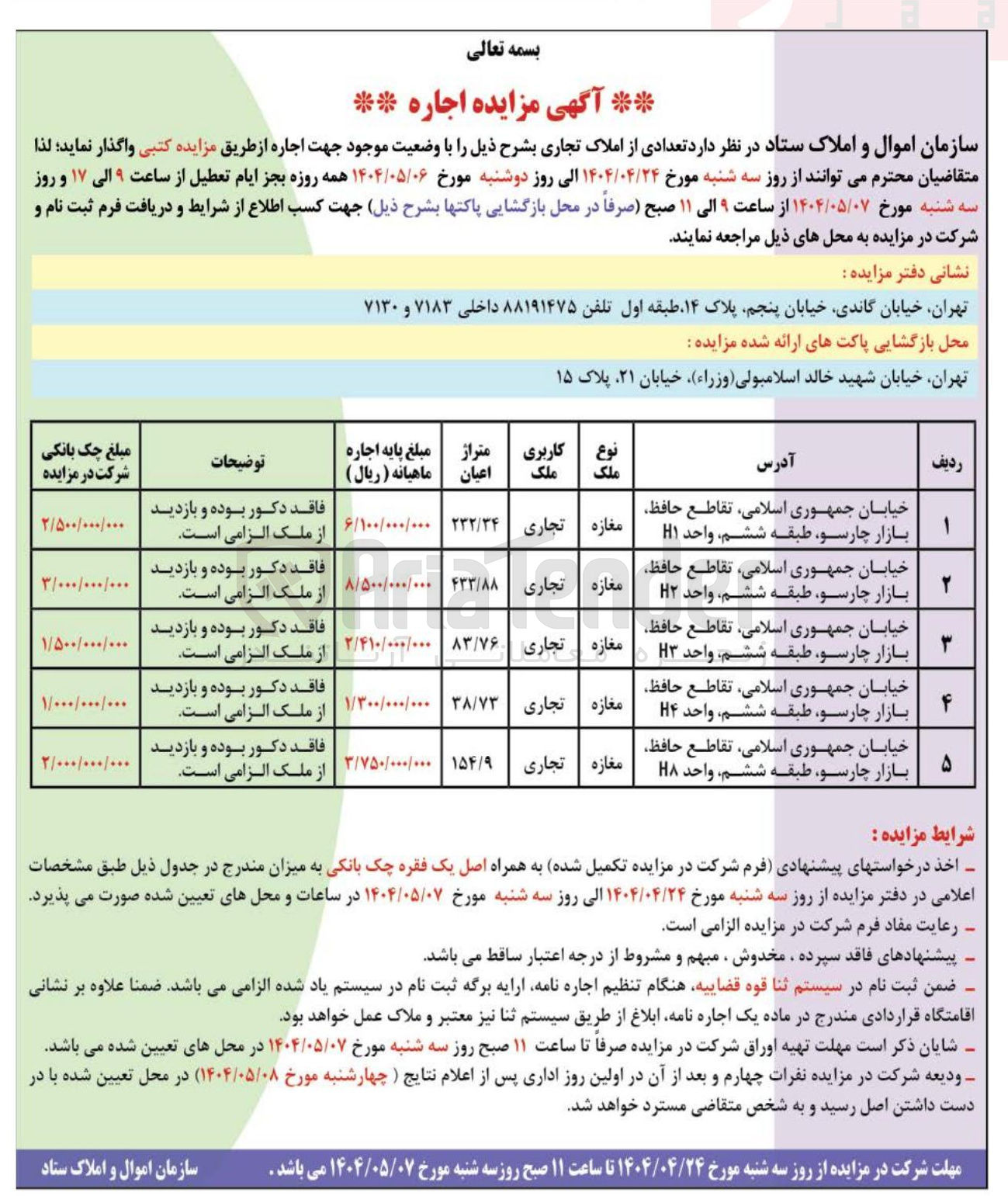 تصویر کوچک آگهی فروش تعدادی از املاک در ۵ ردیف با کاربری تجاری