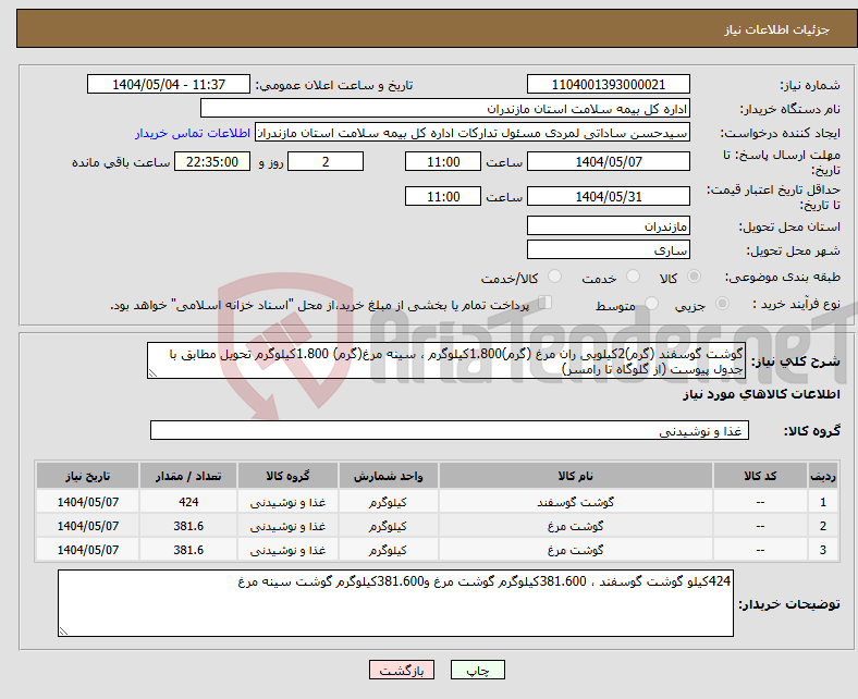 تصویر کوچک آگهی نیاز انتخاب تامین کننده-گوشت گوسفند (گرم)2کیلویی ران مرغ (گرم)1.800کیلوگرم ، سینه مرغ(گرم) 1.800کیلوگرم تحویل مطابق با جدول پیوست (از گلوگاه تا رامسر)