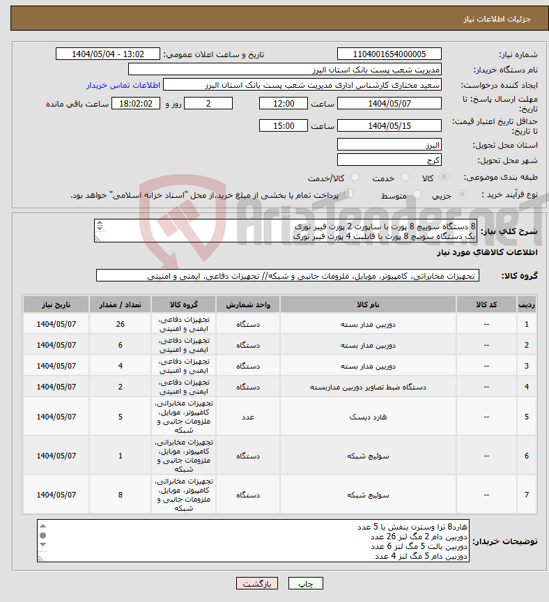 تصویر کوچک آگهی نیاز انتخاب تامین کننده-8 دستگاه سوییچ 8 پورت با ساپورت 2 پورت فیبر نوری یک دستگاه سوییچ 8 پورت با قابلیت 4 پورت فیبر نوری 2 دستگاهnvr صنعتی 32 کانال حداقل ساپورت 4 هارد 