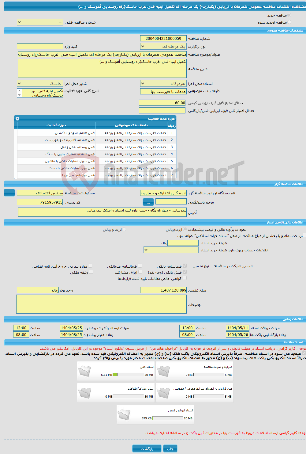 تصویر کوچک آگهی مناقصه عمومی همزمان با ارزیابی (یکپارچه) یک مرحله ای تکمیل ابنیه فنی غرب جاسک(راه روستایی آغوشک و ...)