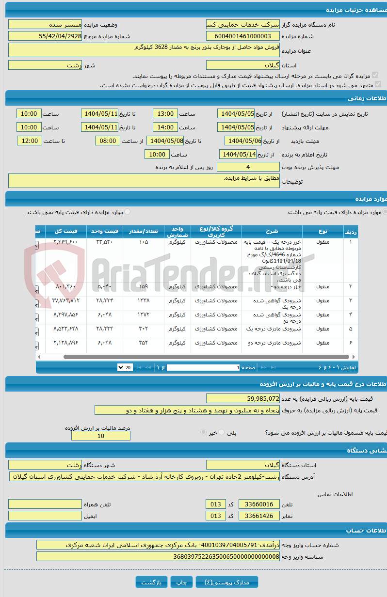 تصویر کوچک آگهی فروش مواد حاصل از بوجاری بذور برنج به مقدار 3628 کیلوگرم