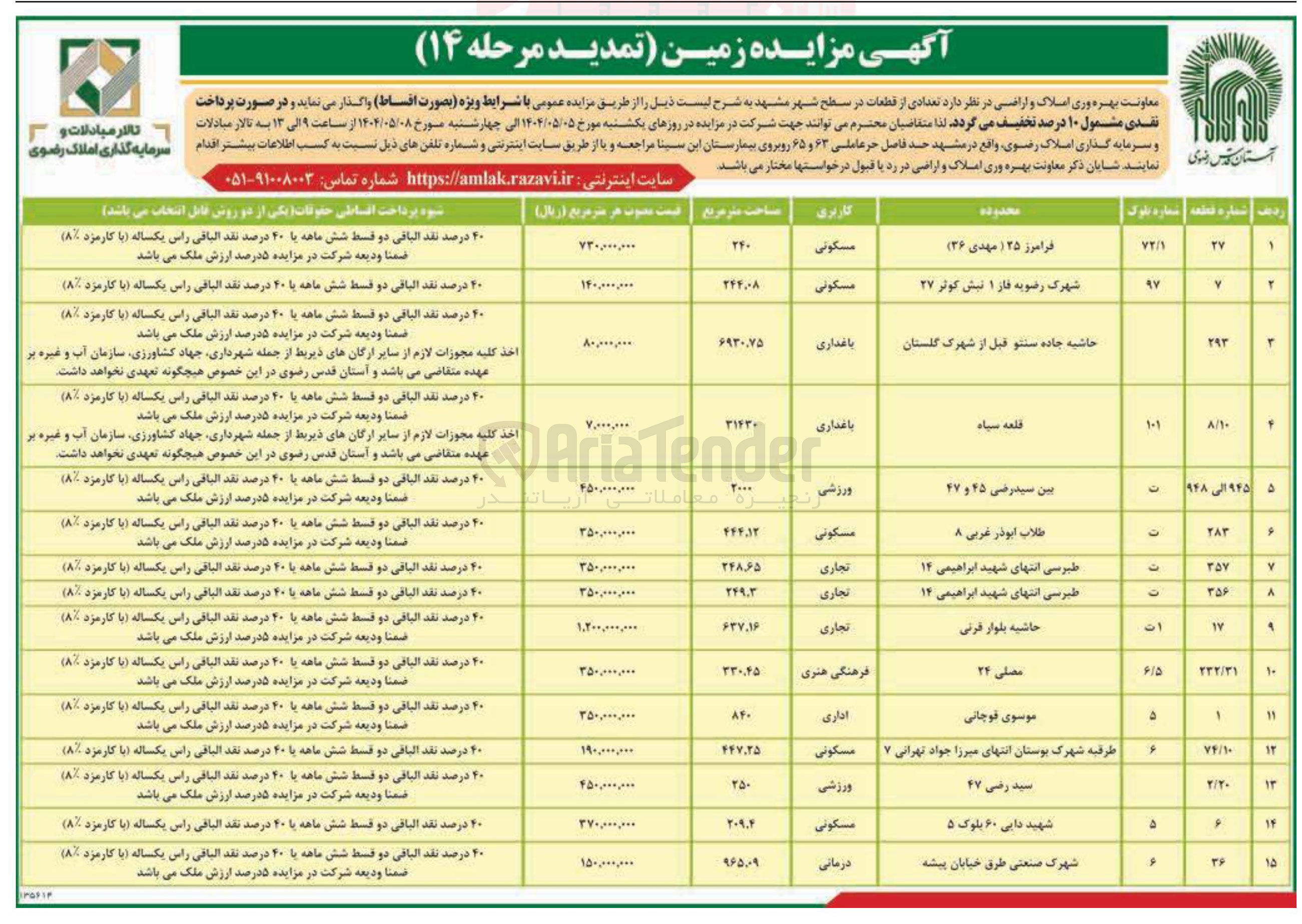 تصویر کوچک آگهی فروش تعدادی از قطعات در سطح شهر در 15 ردیف با کاربری مسکونی - باغداری - ورزشی - تجاری - فرهنگی هنری - اداری - درمانی