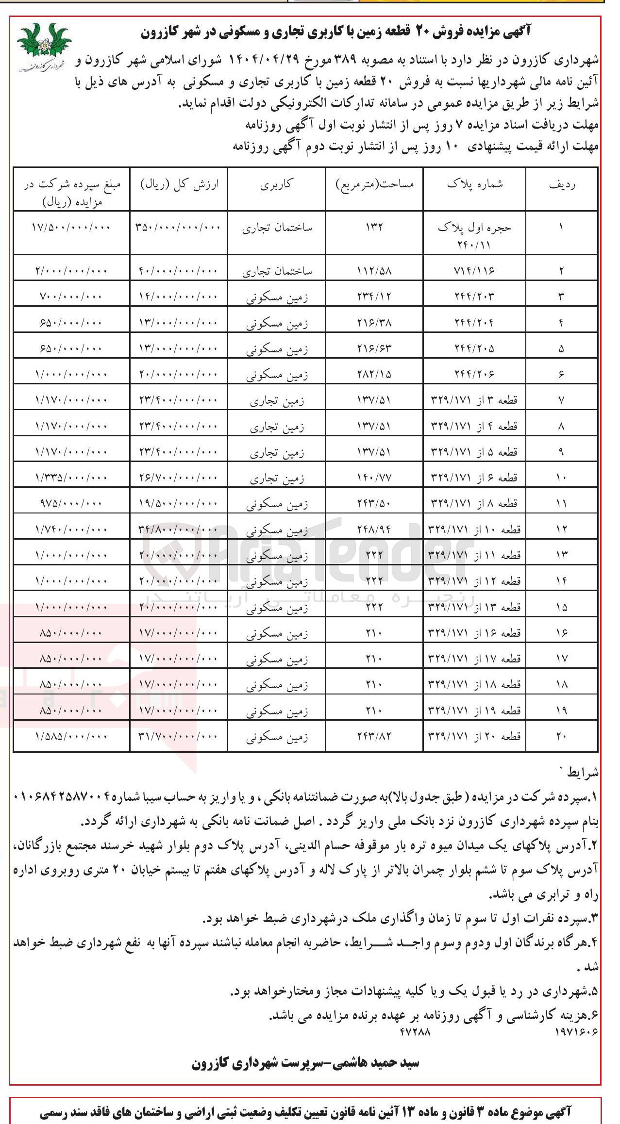 تصویر کوچک آگهی فروش ۲۰ قطعه زمین با کاربری تجاری و مسکونی