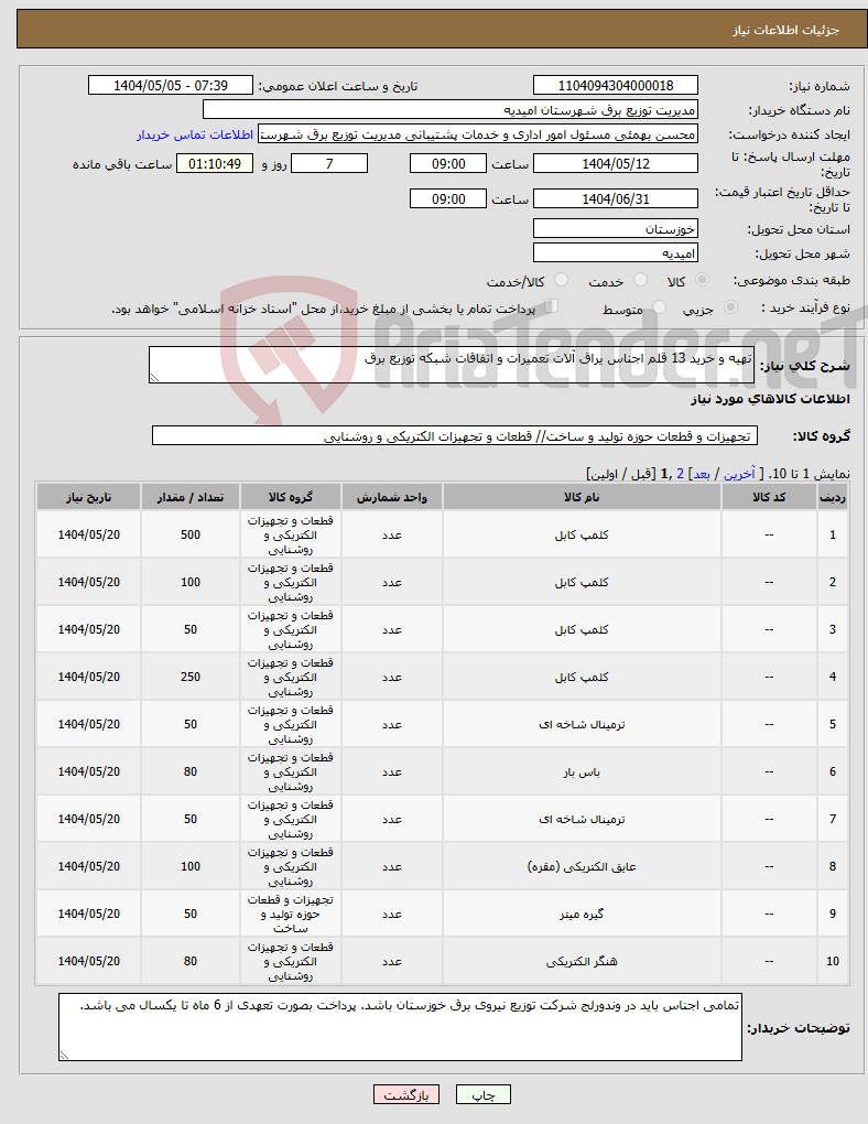 تصویر کوچک آگهی نیاز انتخاب تامین کننده-تهیه و خرید 13 قلم اجناس یراق آلات تعمیرات و اتفاقات شبکه توزیع برق
