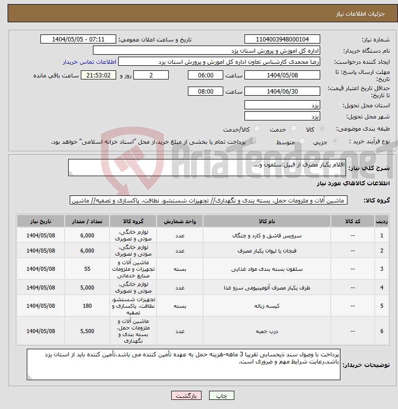 تصویر کوچک آگهی نیاز انتخاب تامین کننده-اقلام یکبار مصرف از قبیل:سلفون و...