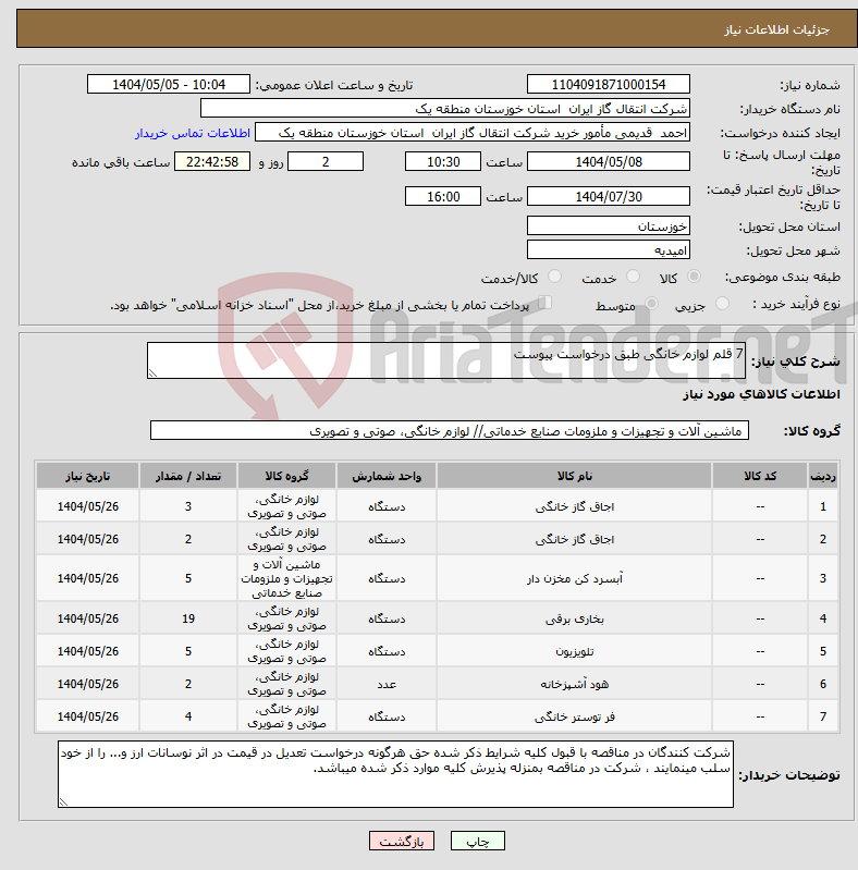 تصویر کوچک آگهی نیاز انتخاب تامین کننده-7 قلم لوازم خانگی طبق درخواست پیوست