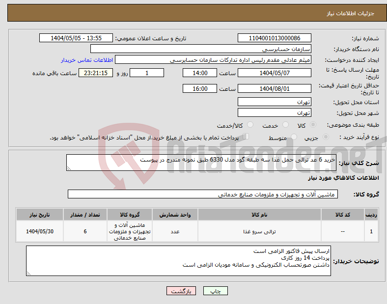 تصویر کوچک آگهی نیاز انتخاب تامین کننده-خرید 6 عد ترالی حمل غذا سه طبقه گود مدل 6330 طبق نمونه مندرج در پیوست