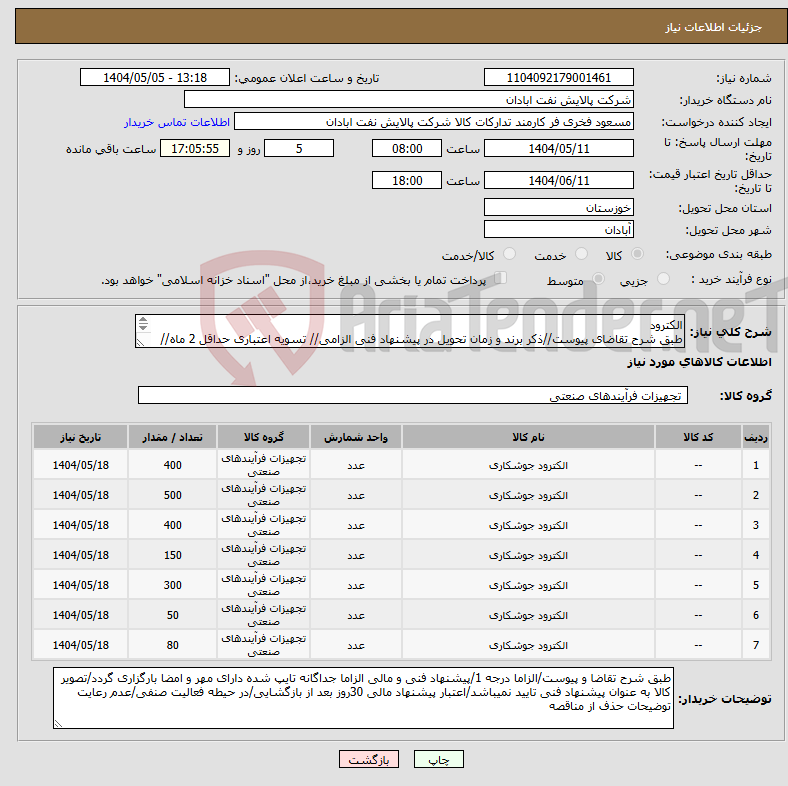 تصویر کوچک آگهی نیاز انتخاب تامین کننده-الکترود طبق شرح تقاضای پیوست//ذکر برند و زمان تحویل در پیشنهاد فنی الزامی// تسویه اعتباری حداقل 2 ماه//ارسال نمونه الزامی