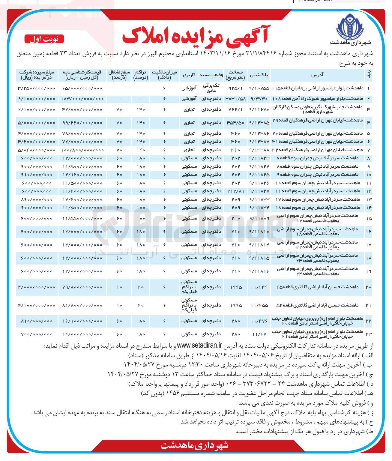 تصویر کوچک آگهی فروش تعداد ۲۳ قطعه زمین با کاربری آموزشی - تجاری - مسکونی 