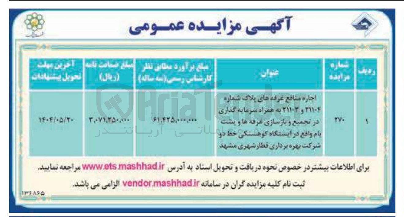 تصویر کوچک آگهی اجاره منافع غرفه های پلاک شماره ۲۱۱۰۴ ۱ و ۲۱۱۰۳ به همراه سرمایه گذاری در تجمیع و بازسازی غرفه ها و پشت بام 