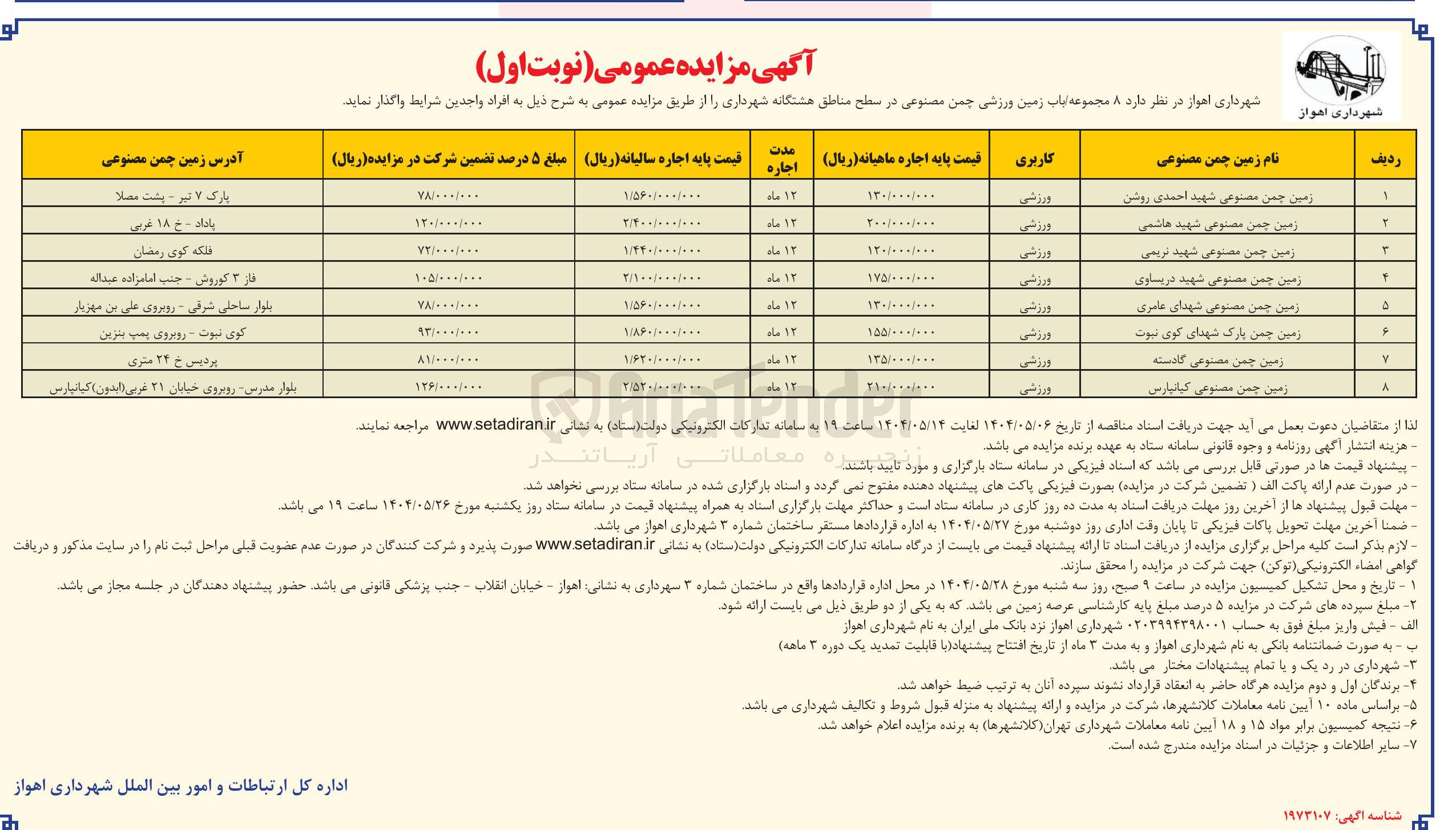 تصویر کوچک آگهی واگذاری  ۸ مجموعه ایات زمین ورزشی چمن مصنوعی